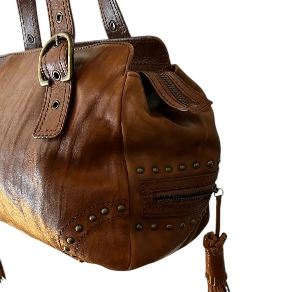 Capacciou large brown Leather bag  side zip pockets 2  long leather tassels